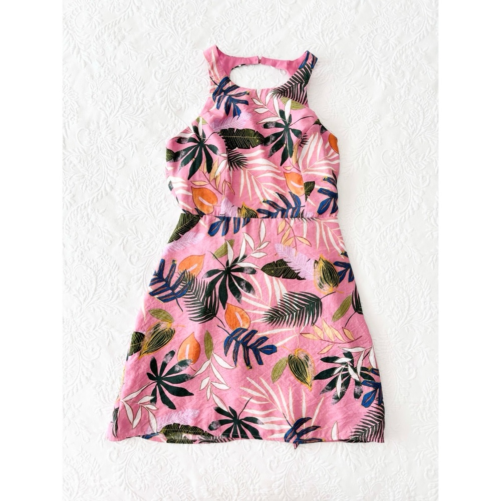 NWOT Lulus Exotic Escape Pink Tropical Print Sleeveless Tie-Back Mini Dress - Picture 2 of 12
